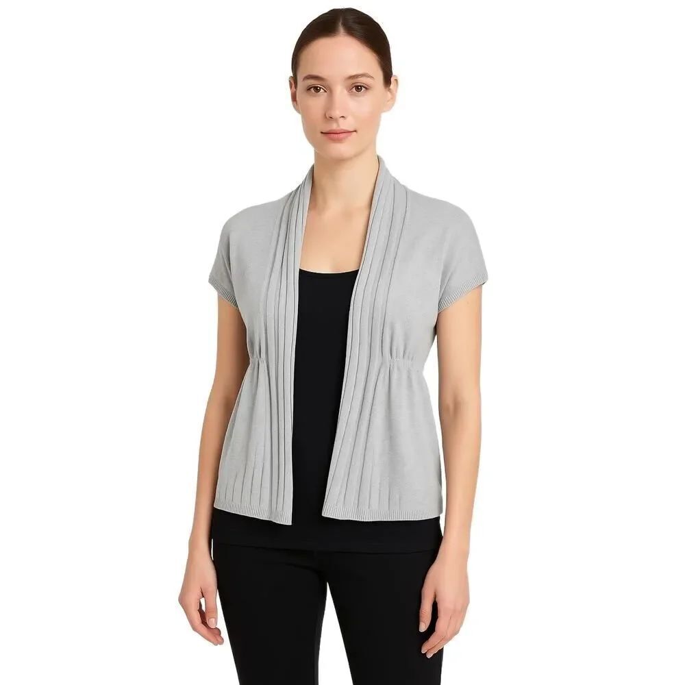 Sweater Project Gray Ribbed Pleated Open Short Sleeve Cardigan Womens M NWT